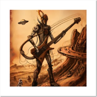 Giant Robot Alien Playing Guitar Posters and Art